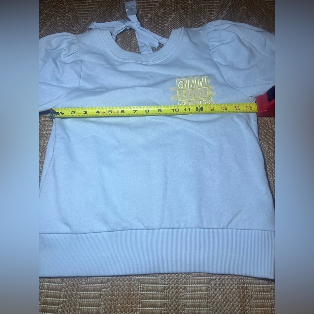 Ganni Isoli Puff-Sleeve Love Club Sweatshirt,Open Back,Blue,Size XS - Picture 8 of 11